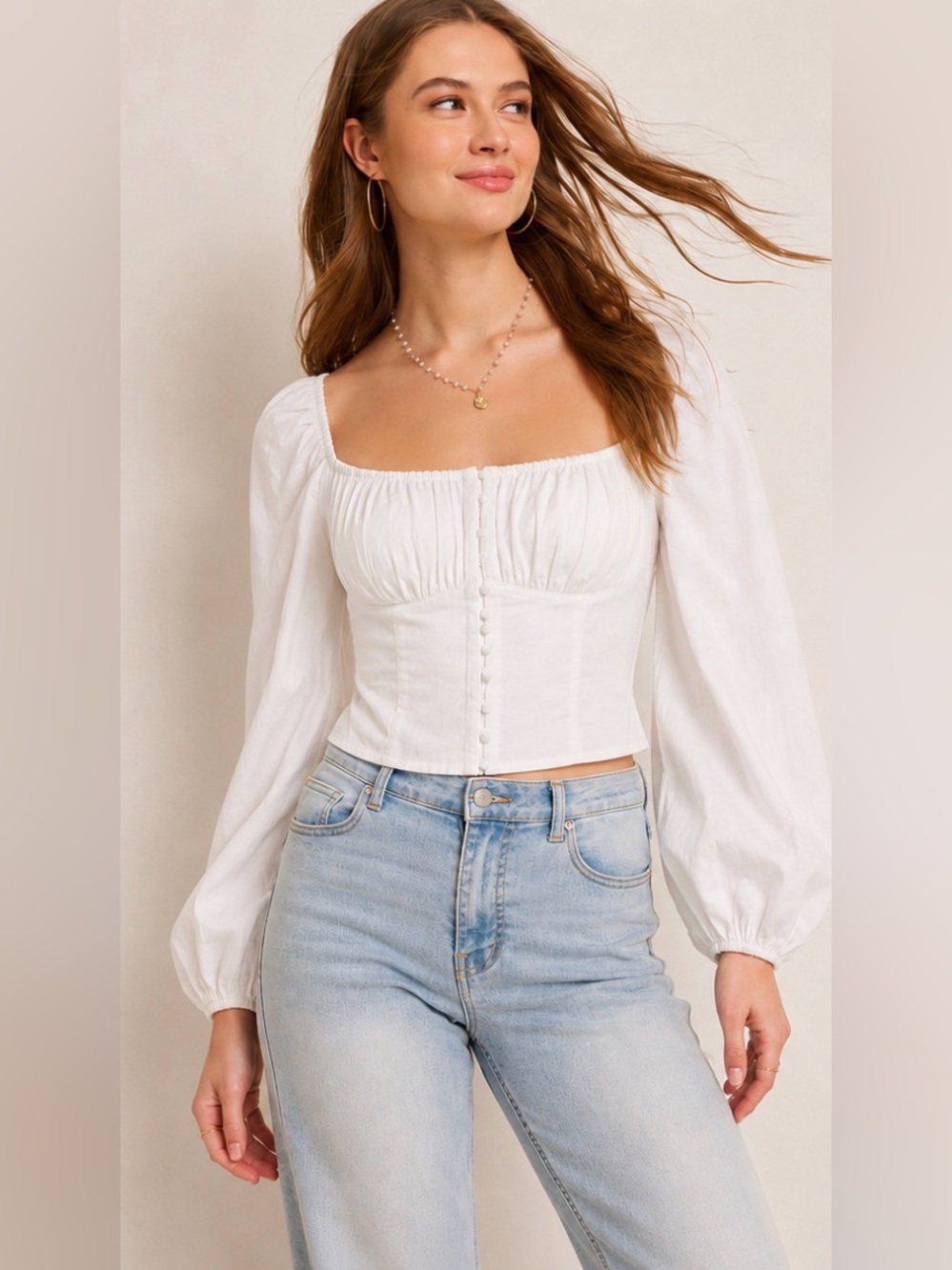Emory Park White Puff Sleeve Sweetheart Button Front Blouse | Size S Cottagecore